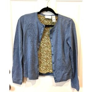 Liz Claiborne Womens Sweater Size P Petite Blue Cardigan Lined Embroidered